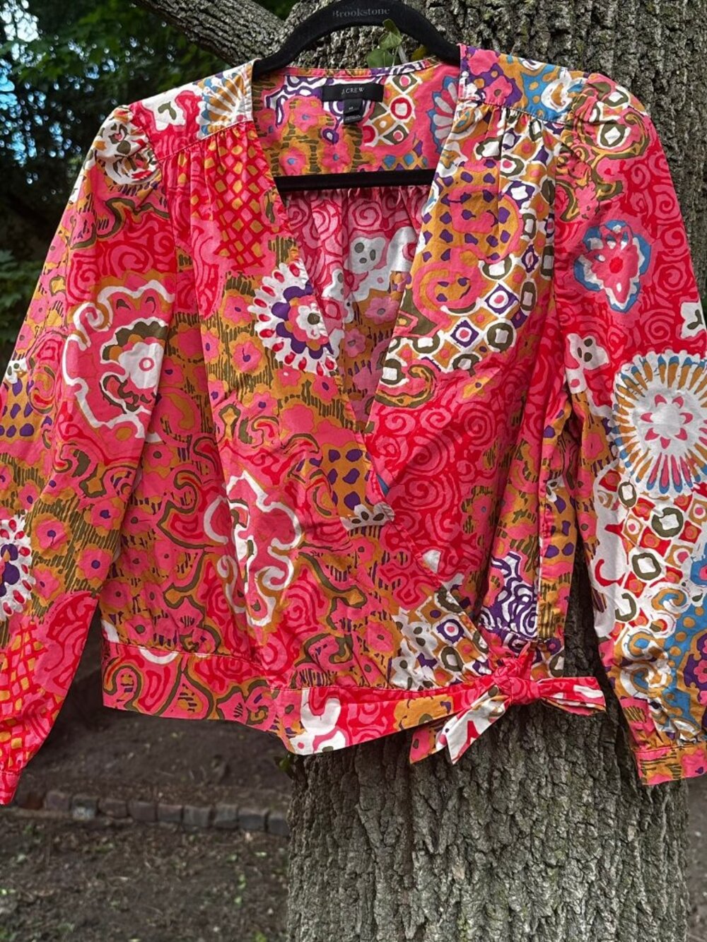 🌸 J.Crew Pink Floral Patchwork Wrap Top Blouse M Boho Side Tie Cotton 🌸